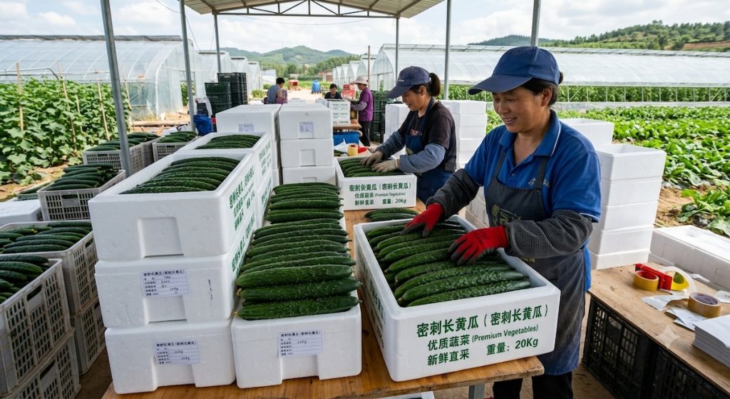 Workers packing fresh spiny greenhouse cucumbers into export cartons, farm direct supply for global bulk importers