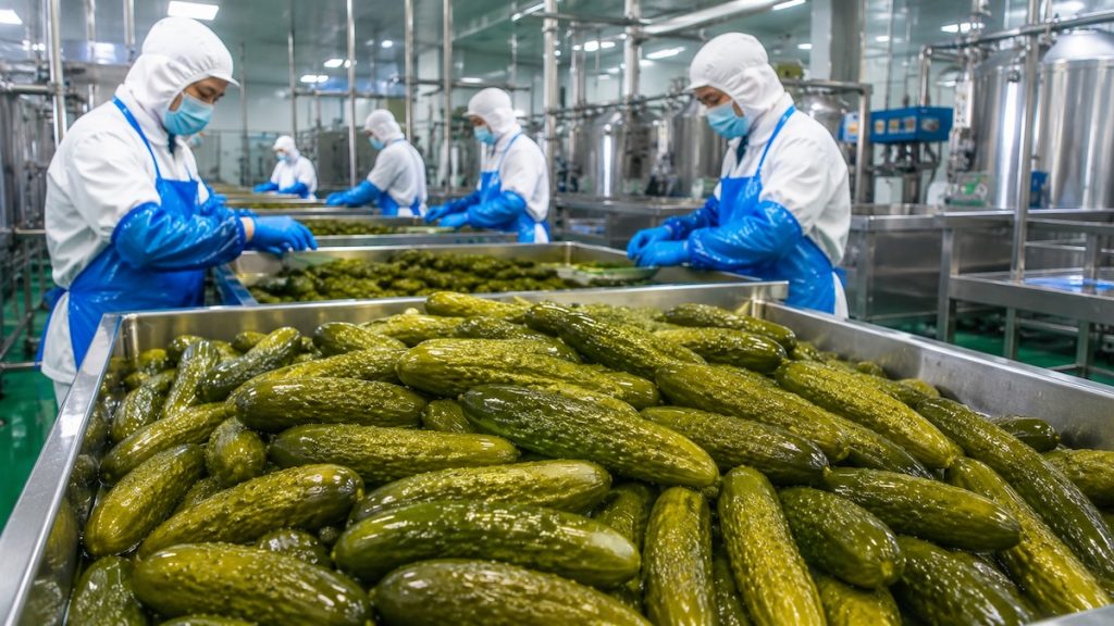 Step-by-step production process flowchart for pickled cucumber manufacturing, including raw material selection, cleaning, constant temperature pickling, sterilization inspection and sealed packaging
