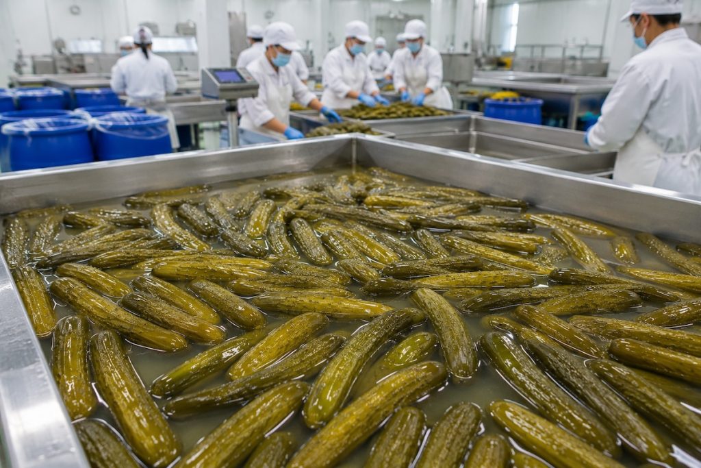 Standard clean workshop for pickled cucumber production, strict manual sorting and whole-process quality inspection for exported pickled vegetables