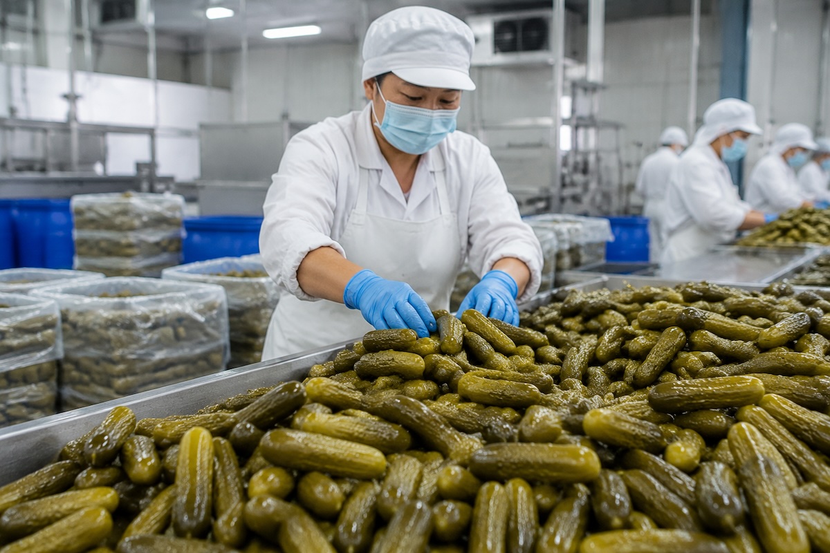 Food-grade production workshop sorting fresh gherkins for pickling, bulk pickled cucumber manufacturing for global export from Shandong, China