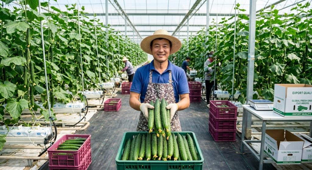 Fresh prickly cucumber harvested from Shandong modern greenhouse, bulk wholesale for pickling and fresh export, stacked in plastic crates ready for global shipment
